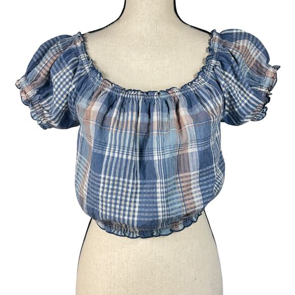 American Eagle Small Crop Top Plaid Puff Sleeves Off-Shoulder Lightweight Lined - Picture 1 of 8